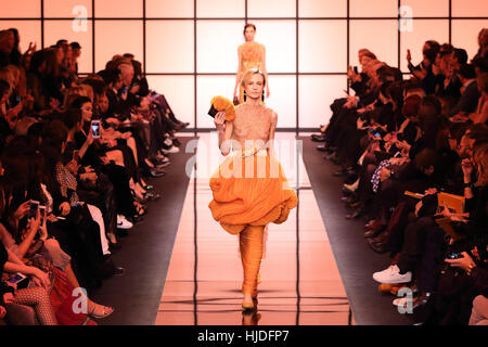 Paris, Frankreich. 24. Januar 2017. Ein Model trägt eine Kreation von italienischen Designer Giorgio Armani im Rahmen von Giorgio Armani Privé Kollektion Frühjahr/Sommer 2017 präsentiert während der Haute Couture Fashionweek in Paris, 24. Januar 2017. Foto: Hendrik Ballhausen - NO-Draht-SERVICE - Foto: Hendrik Ballhausen/Dpa/Alamy Live News Stockfoto
