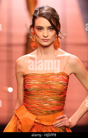 Paris, Frankreich. 24. Januar 2017. Ein Model trägt eine Kreation von italienischen Designer Giorgio Armani im Rahmen von Giorgio Armani Privé Kollektion Frühjahr/Sommer 2017 präsentiert während der Haute Couture Fashionweek in Paris, 24. Januar 2017. Foto: Hendrik Ballhausen - NO-Draht-SERVICE - Foto: Hendrik Ballhausen/Dpa/Alamy Live News Stockfoto