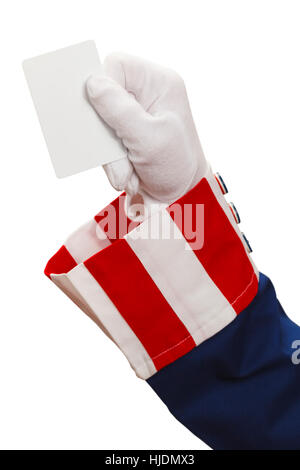 Präsident Holding Up eine leere Karte, Isolated on White Background. Stockfoto