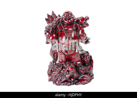 Statue, Buddha - Budai oder Hotei lachend. Fröhlichen Mönch mit Drachen isoliert auf weißem Hintergrund. Stockfoto