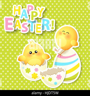 Glückliches Ostern Grußkarte mit Chikken, Vektor-Illustration. Stockfoto