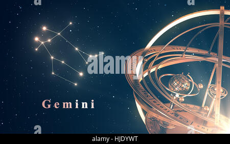 Sternzeichen Sternbild Gemini und Armillarsphäre auf blauem Hintergrund Stockfoto