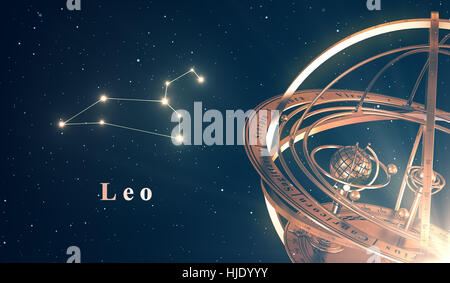 Tierkreis Konstellation Leo und Armillarsphäre auf blauem Hintergrund Stockfoto