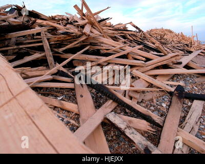 AJAXNETPHOTO. 2008. WORTHING, ENGLAND. -SCHIFFSFRACHT AN LAND GESPÜLT - RIESIGER BERG VON SCHNITTHOLZ BUCHSBAUM-HOLZ VON DER CARGO SCHIFF PRINCE DIE SANK IN DEN KANAL, STADT STRAND ANGESPÜLT.   FOTO: JONATHAN EASTLAND/AJAX REF: 80203 548 Stockfoto