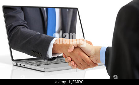 3D Rendering Männer Händeschütteln mit einem Laptop-Bildschirm auf weißem Hintergrund Stockfoto