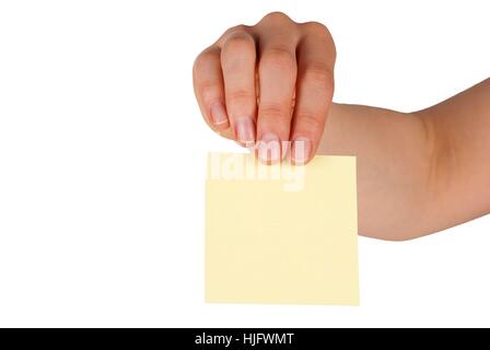 eine Hand hält ein Etikett mit textfreiraum drauf, isoliert Stockfoto