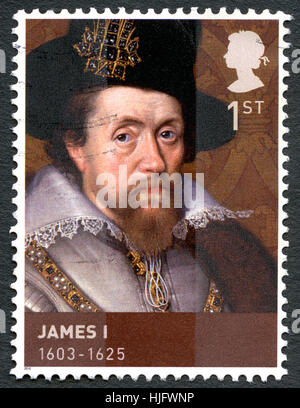 Vereinigtes Königreich - ca. 2010: Eine gebrauchte Briefmarke aus dem Vereinigten Königreich, Darstellung zur Veranschaulichung der König James i., ca. 2010. Stockfoto