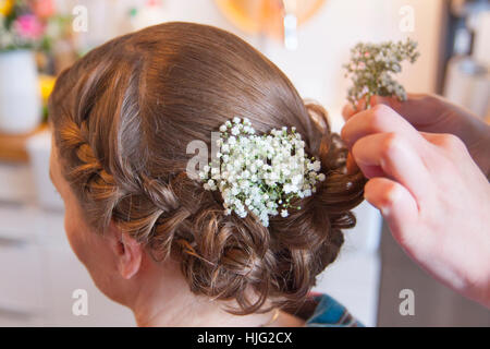 Braut, Haare, Frisur, Brautjungfer, geflochten, Zopf, Haarnadel, Friseur, Hände, Kopf, braun, Schleier, Tag, am besten, in Leben, Ehe, Hochzeit, weddin Stockfoto