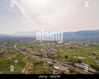 Luftaufnahme des Kyodogawa Schwemmfächer, Yamanashi-Präfektur, Japan Stockfoto