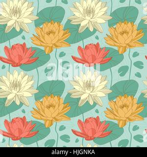 Lotus und Seerosen Blumen in Musterdesign. Vektor Stock Vektor