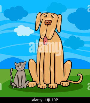 Freundschaft, Comic, Tier, Haustier, Hund, Illustration, Cartoon, Pussycat, Katze, Stockfoto