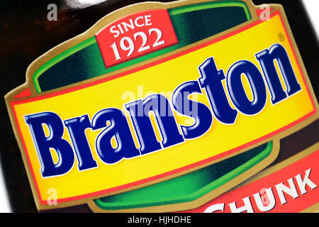 Branston Label auf ein Glas mit Gurke, Nahaufnahme Stockfoto