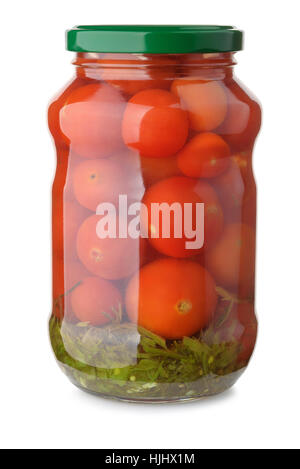 Glas mit eingelegten Tomaten, isoliert auf weiss Stockfoto