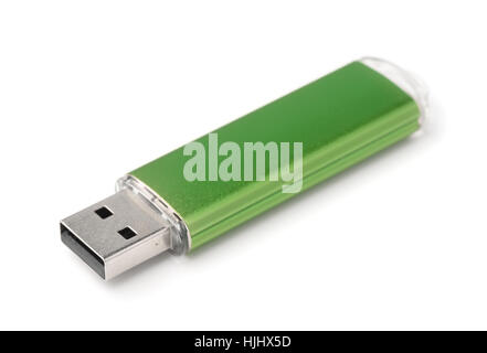 Grün-USB-Stick, isoliert auf weiss Stockfoto