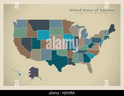 Moderne Karte - USA mit farbigen Bundes-Staaten Abbildung silhouette Stock Vektor