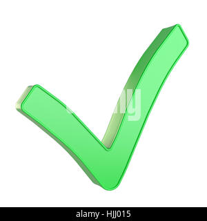 Grünes Häkchen, isoliert auf weißem Hintergrund. 3D-Rendering Stockfoto