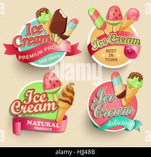 Eis Creme Embleme, Etiketten und Abzeichen Sammlungen, Vektor-Illustration. Stock Vektor