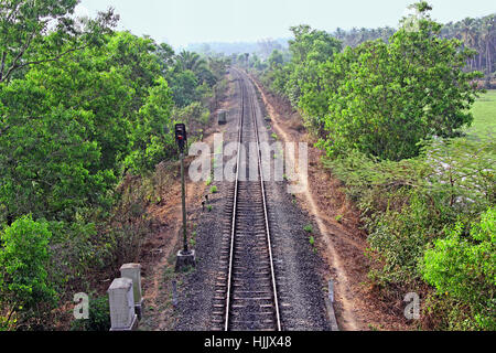 Luftaufnahme der einzigen Eisenbahnstrecke durch malerische Landschaft in Indien Stockfoto