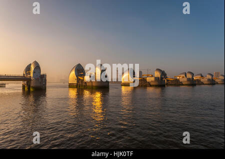 Die Thames Barrier in Woolwich Kent. im Abendlicht. Stockfoto