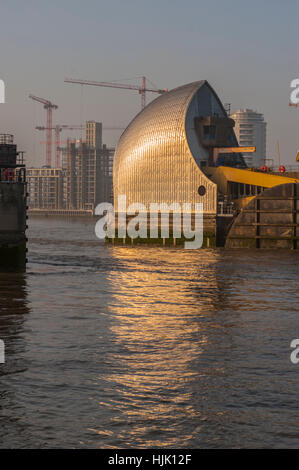 Die Thames Barrier in Woolwich Kent. im Abendlicht. Stockfoto