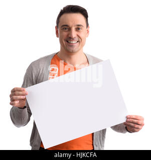 Männchen halten leere Plakat. Isoliert auf weiss Stockfoto