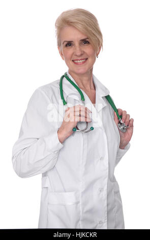 Ärztin. Ältere Frau mit Stethoskop isoliert auf weiss Stockfoto