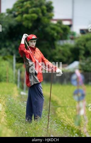 Sportliche Mannequin Vogelscheuche im Reis Feld, Ji'an Township, Hualien County, Taiwan Stockfoto