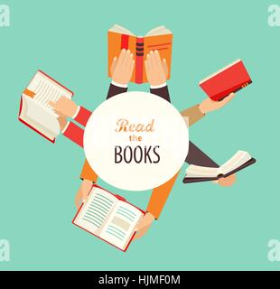Vector set Hände halten Bücher - Symbole im flachen retro-Stil mit Kreis Rahmen für Textgestaltung. Stock Vektor
