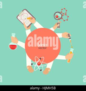 Das Konzept von Wissenschaft und Bildung. Wissenschaftler mit Molekülen, Formel, Birne, Vektor-Illustration. Stock Vektor