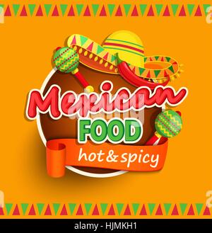Mexikanisches Essen Label mit traditionellen würzig, Maracas und Sombrero Vektor-illustration Stock Vektor
