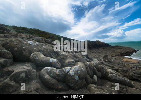 Skulpturen in den Felsen am Rotheneuf in der Nähe von Saint-Malo in der Bretagne Stockfoto