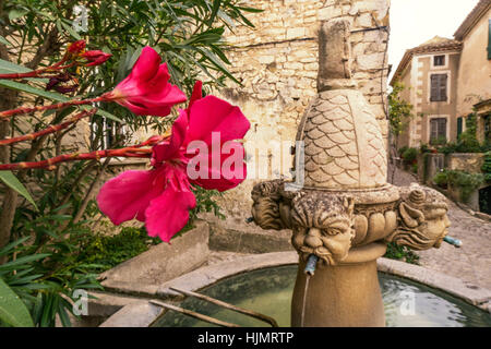 Die Fontaine des Mascarons, Steinbrunnen im historischen Dorf von Séguret, 15. Jahrhundert, Vaucluse, Provence, Frankreich Stockfoto