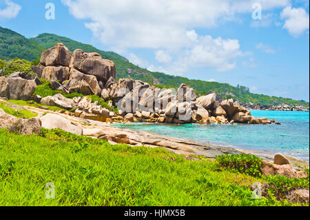 Strand der Seychellen-Insel La Digue, Anse Songe Stockfoto