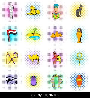 Ägypten-Icons im Comic-Stil, die isoliert auf weißem Hintergrund festlegen Stock Vektor