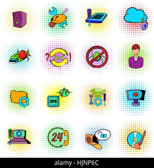 Technischer Support-Icons im Comic-Stil auf einem weißen Hintergrund Stock Vektor