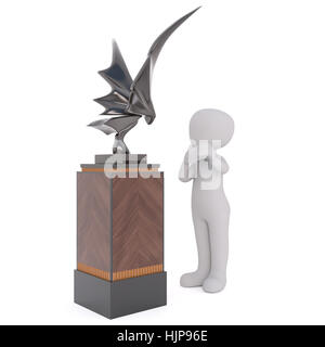 Generische grau 3d Cartoon-Figur bewundern moderne Metall geflügelte Drache oder Vogel Skulptur am Stand in der Kunstgalerie mit weißem Hintergrund Stockfoto