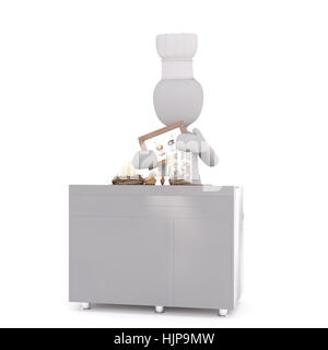 Figur des gesichtslosen 3D Mann Chef Charakter stehen in Koch Mütze am Küchentisch Eier in Nester und Bild von Straußen in Rahmen, isoliert auf whi Stockfoto