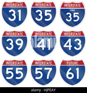 Sammlung von Interstate Highway Schilde in den USA eingesetzt. Stockfoto