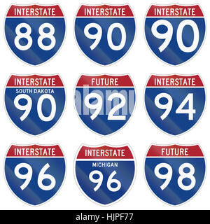 Sammlung von Interstate Highway Schilde in den USA eingesetzt. Stockfoto