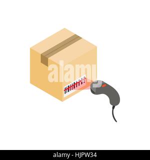 Scan-Etikett auf der Verpackung mit Barcode Scannersymbol in isometrischen 3d Stil auf einem weißen Hintergrund Stock Vektor