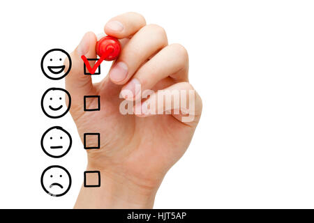 Neben dem leeren awesome Umfrage Checkliste rotes Häkchen aufsetzen handgezeichneten glückliches Gesicht. Stockfoto