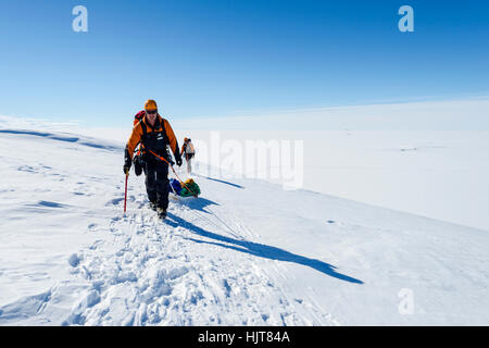 Guides wandern über eine Gletscherspalte-Feld an den Hängen des Mount Erebus in der Antarktis. Stockfoto