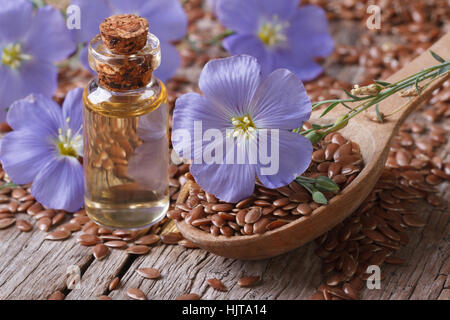 Blumen blau Lein, Samen und Öl in der Flasche auf den Tisch close-up horizontalen Stockfoto