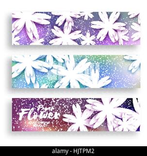 Drei Banner Einladungskarten mit Papier Schnittblumen Origami. Stock Vektor