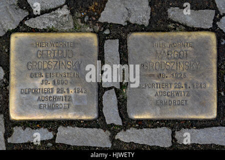 Stolperstein auf den Straßen Berlins erinnert an die Angehörigen der Familie Grodszinsky (Gertrud und Margot), die von den Nazis eingenommen wurden Stockfoto