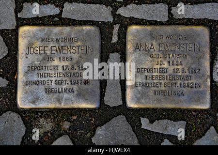 Stolperstein auf den Straßen Berlins zum Gedenken an die Angehörigen der Familie Ewenstein (Josef und Anna), die von den Nazis eingenommen wurden Stockfoto