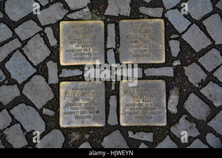 Stolperstein auf den Straßen Berlins erinnert an Angehörige der Familie Grodzinsky und Ewenstein, die von den Nazis übernommen wurden Stockfoto