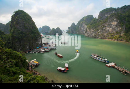 Halong-Bucht mit Booten, Kalkstein Klippen, Golf von Tonkin, Halong, Nord-Vietnam, Vietnam Stockfoto