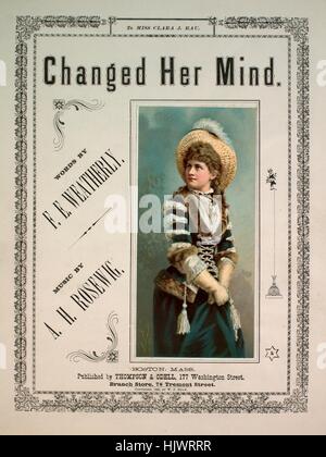 Noten-Cover-Bild des Liedes "Verändert ihr Geist", mit ursprünglichen Autorschaft Noten lesen "Worte FE Weatherly Musik von AH Rosewig", USA, 1882. Der Verlag als "Thompson und Odell, 177 Washington Street" aufgeführt ist, die Form der Komposition ist "strophischen", die Instrumentierung ist "Klavier und Stimme", die erste Linie liest "Jemand zu Fuß an einem Morgen im Mai, Chanc hatte, jemanden auf die gleiche Weise zu treffen", und der Abbildung Künstler wird als 'None' aufgeführt. Stockfoto