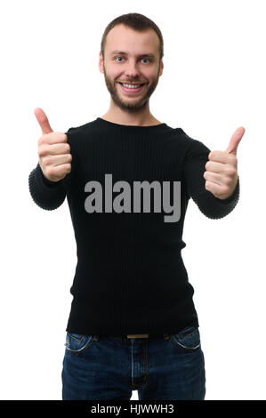 Glücklicher bärtiger Mann mit strahlenden Lächeln zeigt Daumen oben. Isoliert Stockfoto